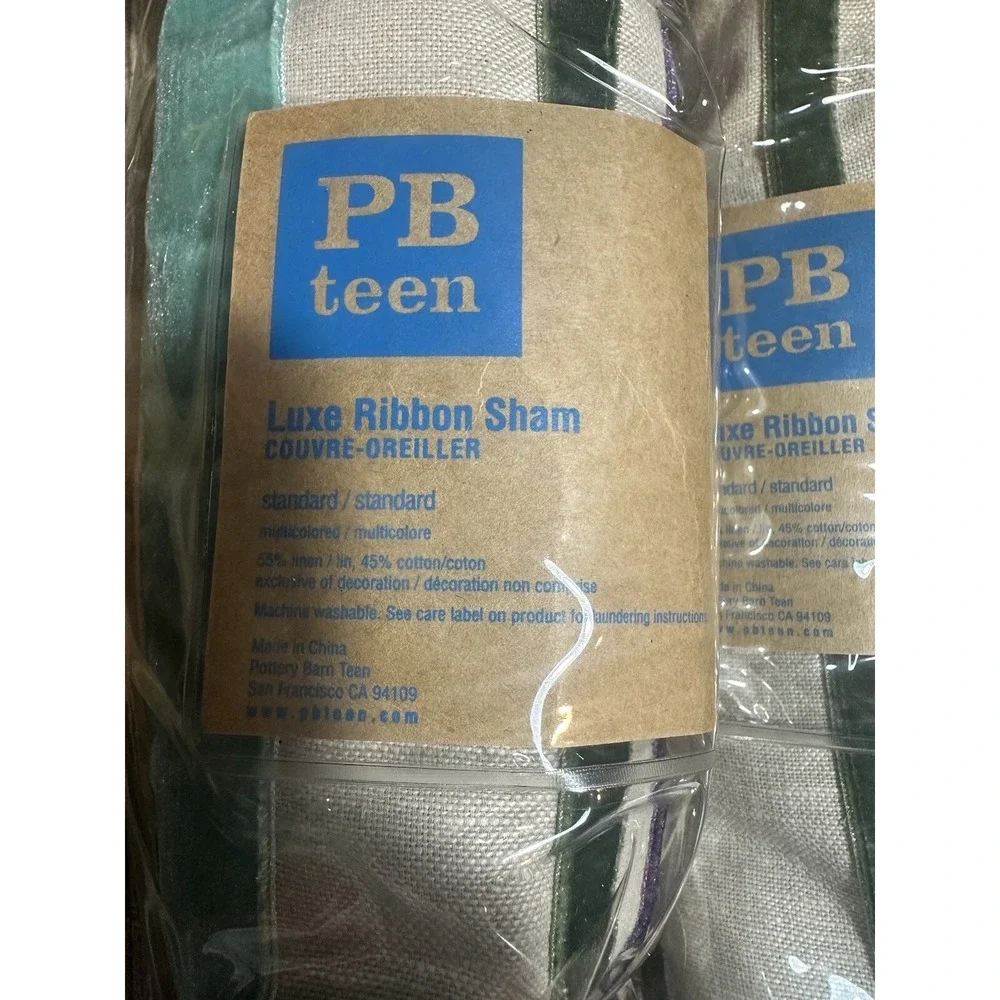 PB Teen Luxe Ribbon Pillow Shams 2 Purple Green  Linen Striped Pottery Barn